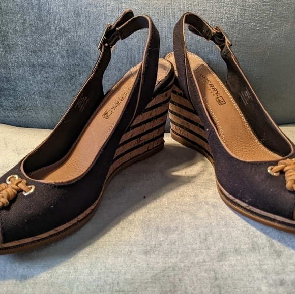 𝅺SPERRY Black Top-sider Mabel Canvas Slingback Wedges Sandals Women's 8.5 - Picture 1 of 10
